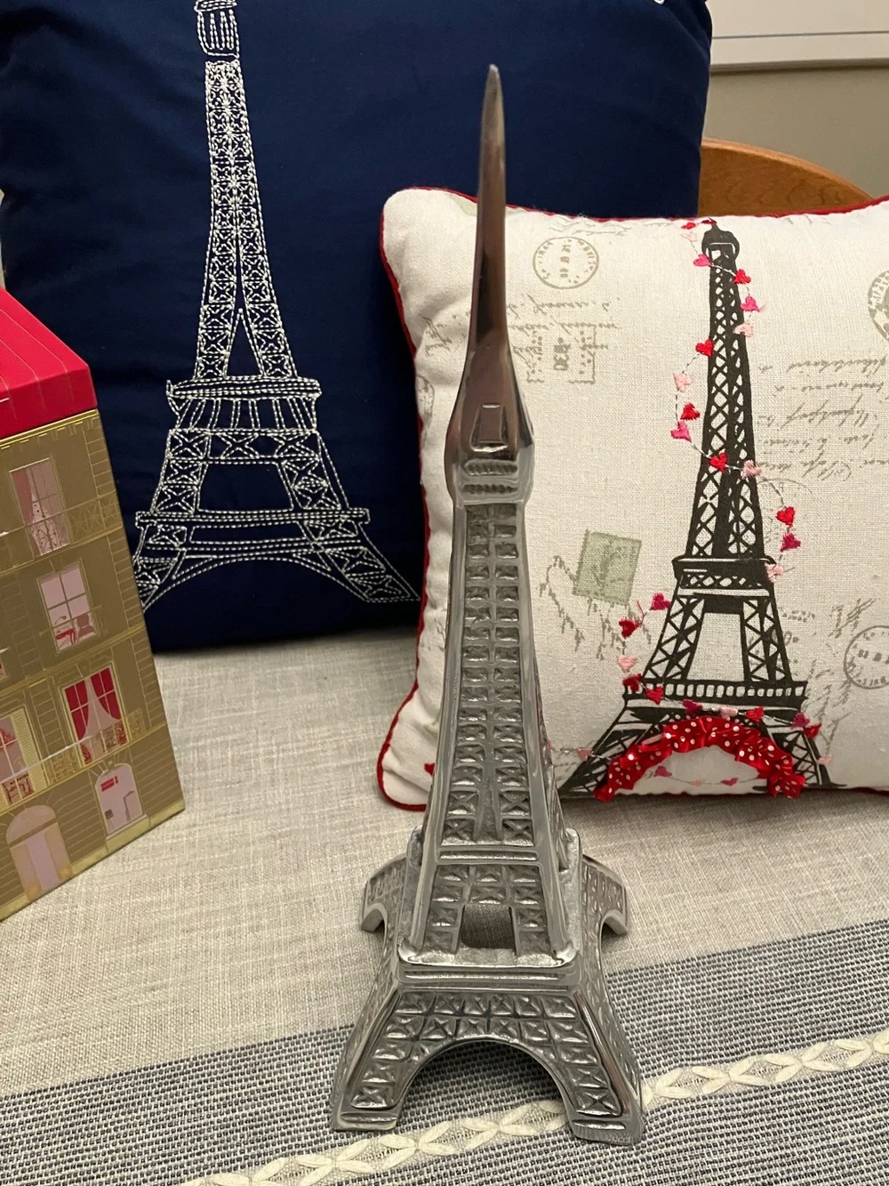 Paris Decor: 2 decorative pillows, silver Eiffel Tower figurine, tall canister